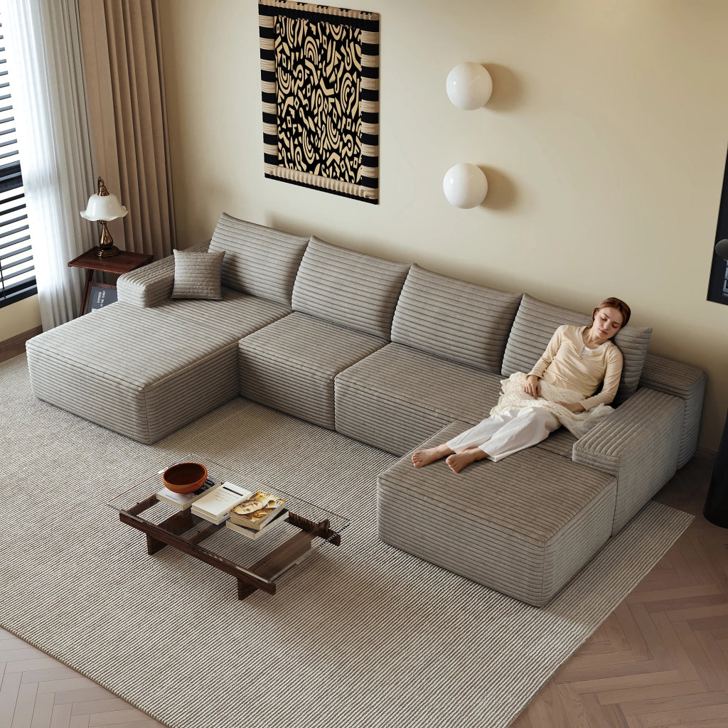 Divano angolare modulare con chaise longue, schiuma ad alta elasticità, in tessuto a coste camel 270 × 175 × 83 cm