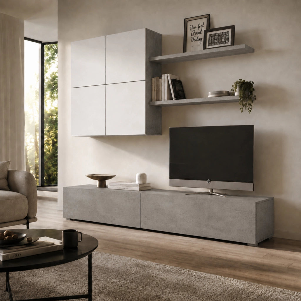 Parete Attrezzata Mobile Soggiorno Moderno Con Base TV 2 Ante Pensile 4 Ante e 2 Mensole Design Contemporaneo in Melaminico Facile da Pulire 200 x 194 x 40 cm Bianco e Grigio Cemento