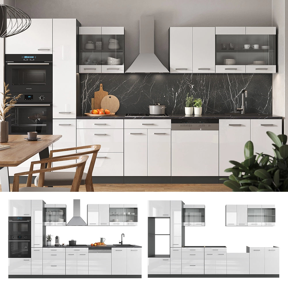 Vicco Cucina Bianco lucido/antracite 350 cm con armadio alto, PL Marmo