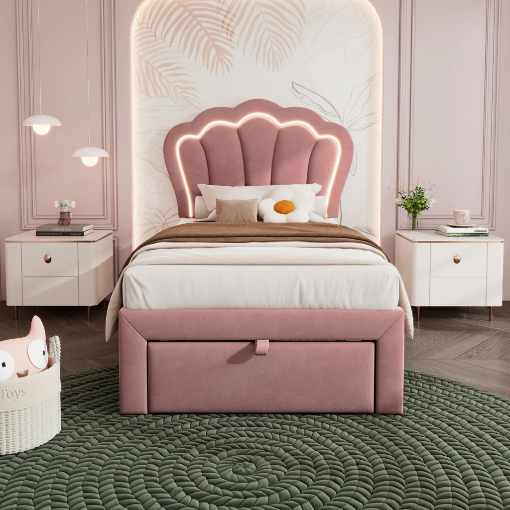 LETTO Singolo 90x200 cm in Velluto Rosa con LED, testiera regolabile e cassetto