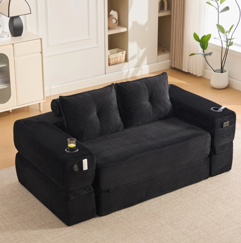 Divano letto modulare in velluto a coste nero 180x98 cm