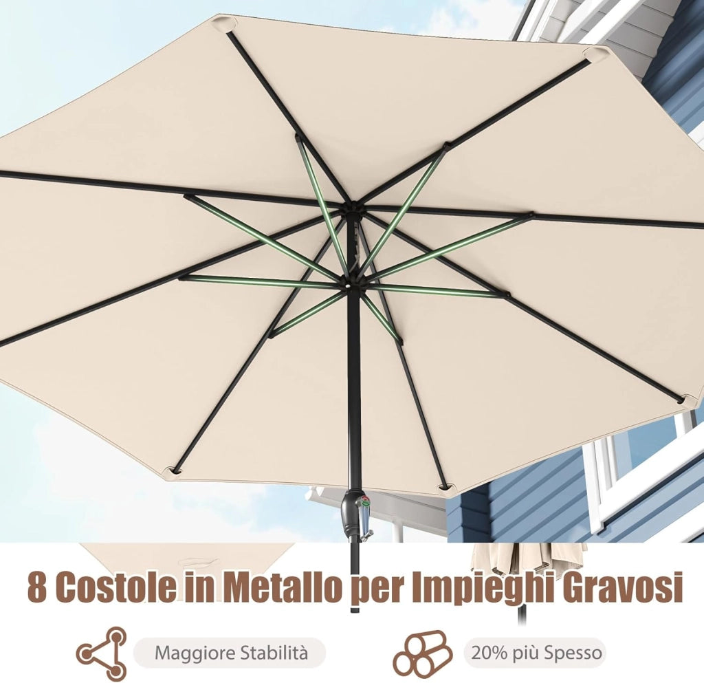 Ombrellone da Giardino 260 cm, Ombrellone con Manovella e 8 Stecche, Tettuccio Ventilato, per Cortile Piscina Giardino (Beige, 260 cm 8 Stecche)