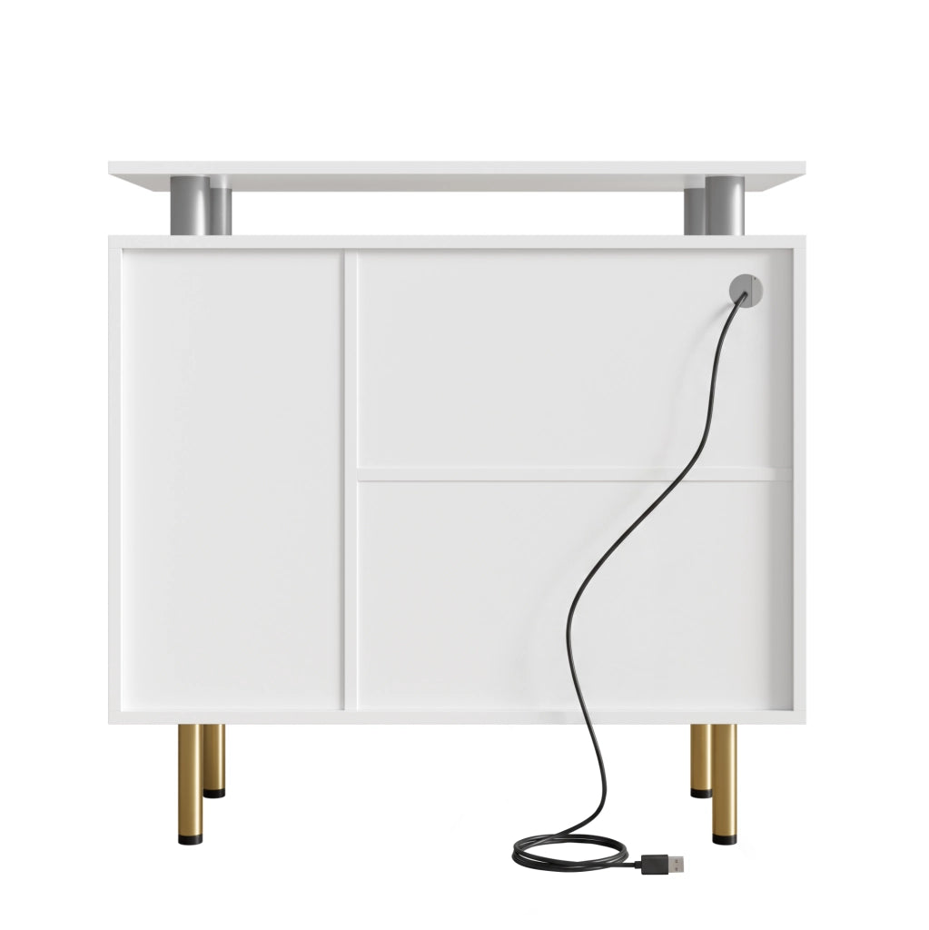 Mobile contenitore bianco con LED, vetro e piedi alti 80x35x80 cm