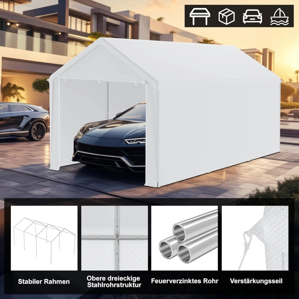 Carport, tenda da campeggio, 3 x 6 m, grande tenda da garage con pareti laterali rimovibili, resistente all'inverno, per auto, SUV, camion, bianco