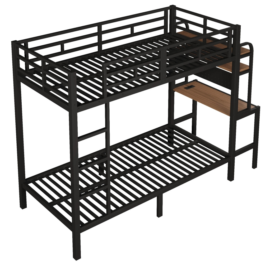Letto a castello 90 x 200 cm con scrivania; ripiani; LED e USB in metallo nero