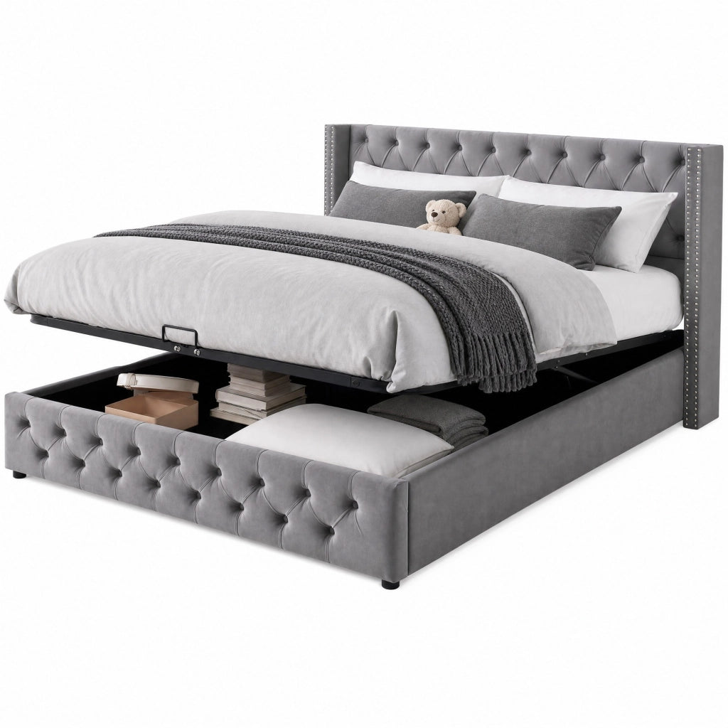 Letto matrimoniale imbottito 140x200 in velluto grigio con contenitore idraulico e testiera Chesterfield