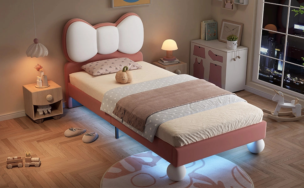 DESMIU Letto bambino 90 × 200 cm con testiera a farfalla e striscia LED regolabile, senza materasso, in velluto, rosa beige