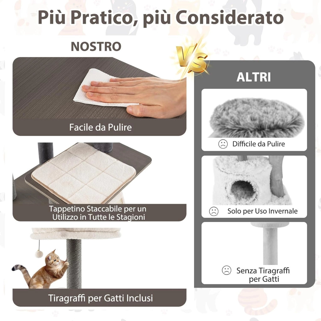 Albero per Gatti a 6 Livelli, Torre per Gatti Alta 171 cm con Cuscino, Condominio, Tappetini Staccabili e Pannello in Sisal, Albero Tiragraffi in Legno con Palla Pompom Appesa