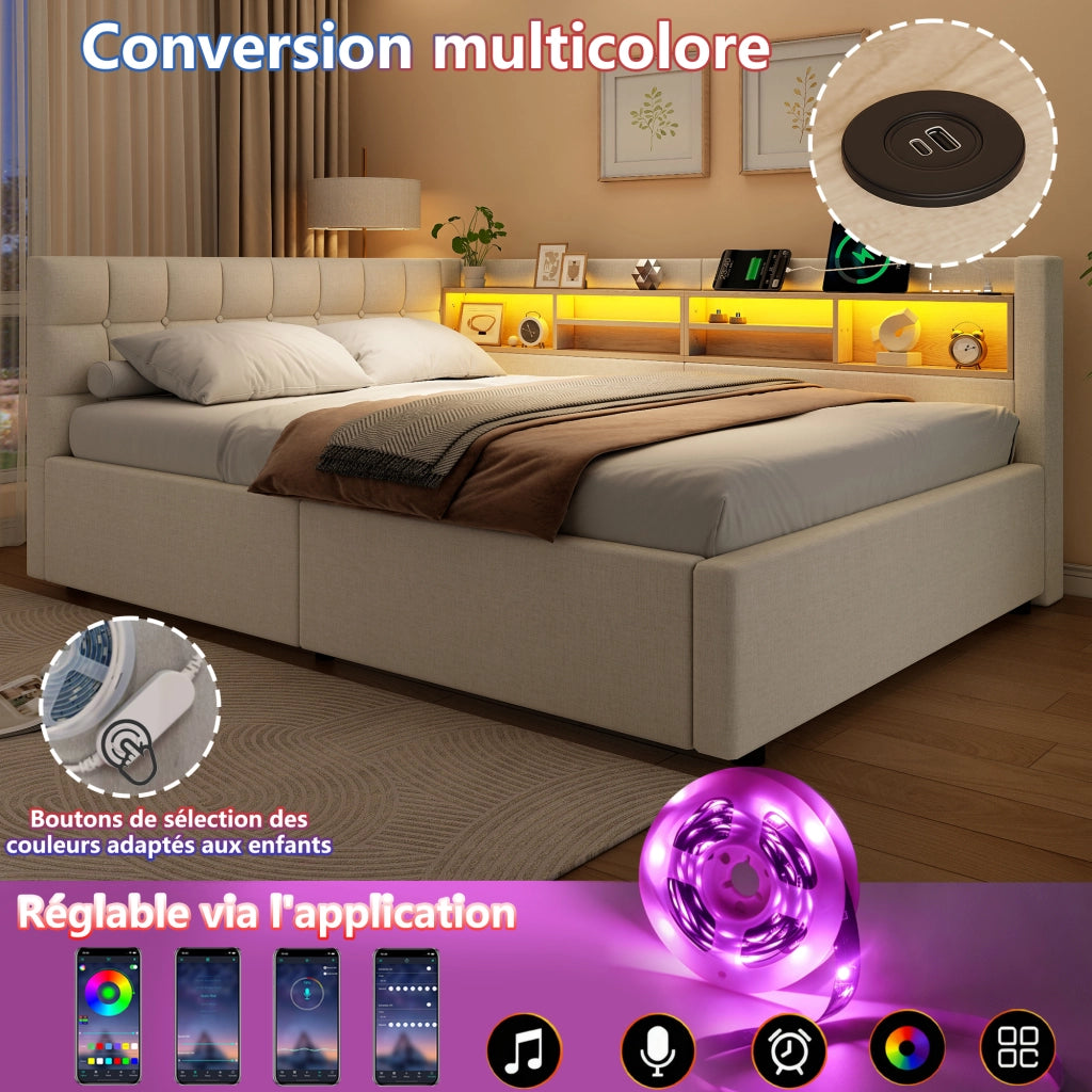 Letto matrimoniale contenitore 140x200 cm con sollevamento idraulico; LED; testiera con ripiano e USB; beige