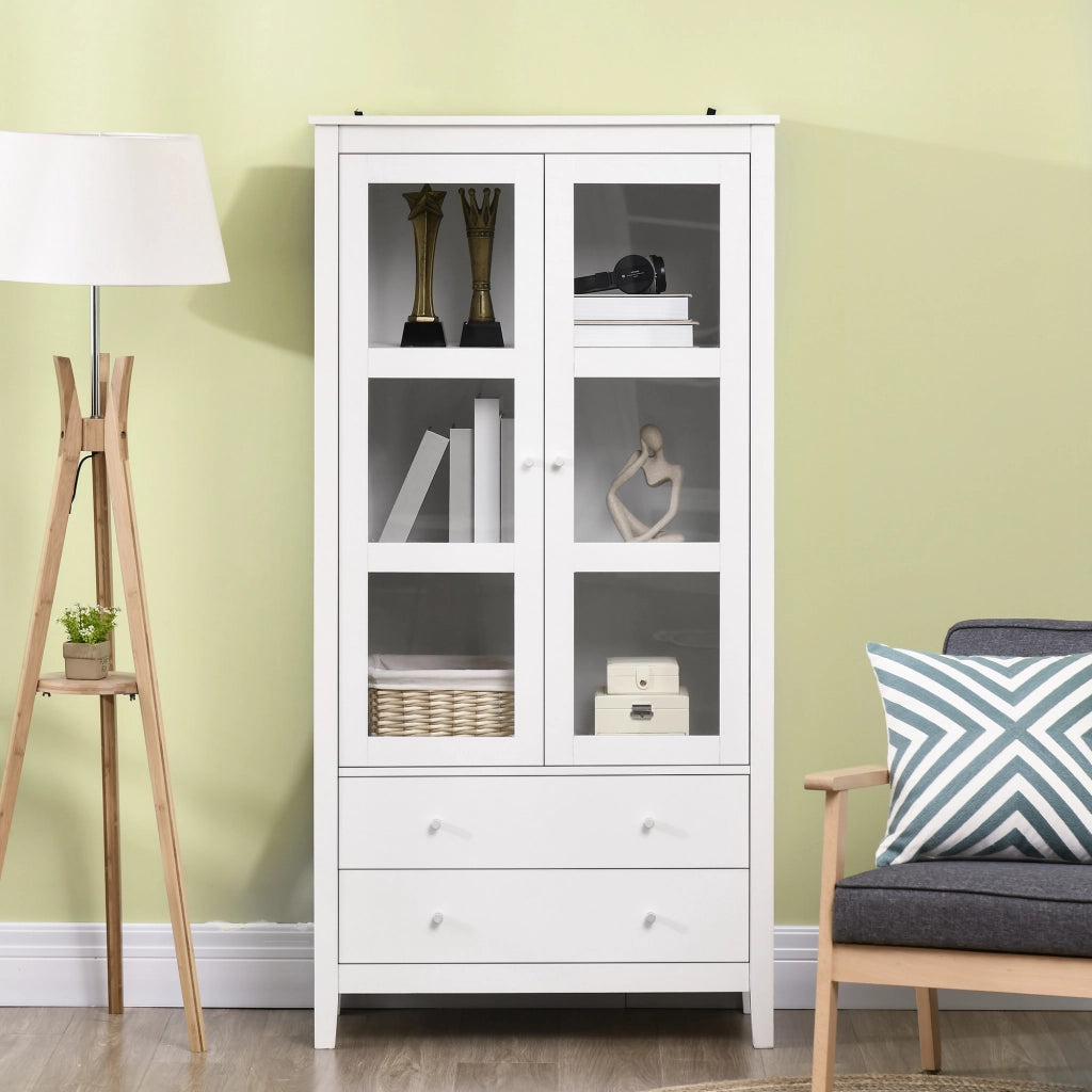 Armadio Vetrina con Ante a Vetro e Cassetti ¨C Zephmum ¨C Bianco 80x40x160cm