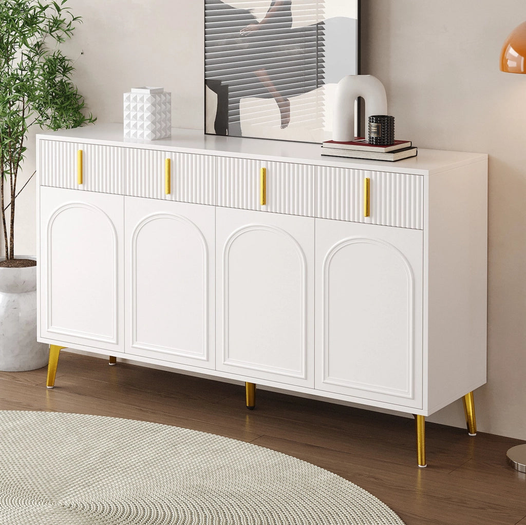 Credenza 140x38x82 cm in MDF bianco con 4 ante; 4 cassetti e dettagli oro