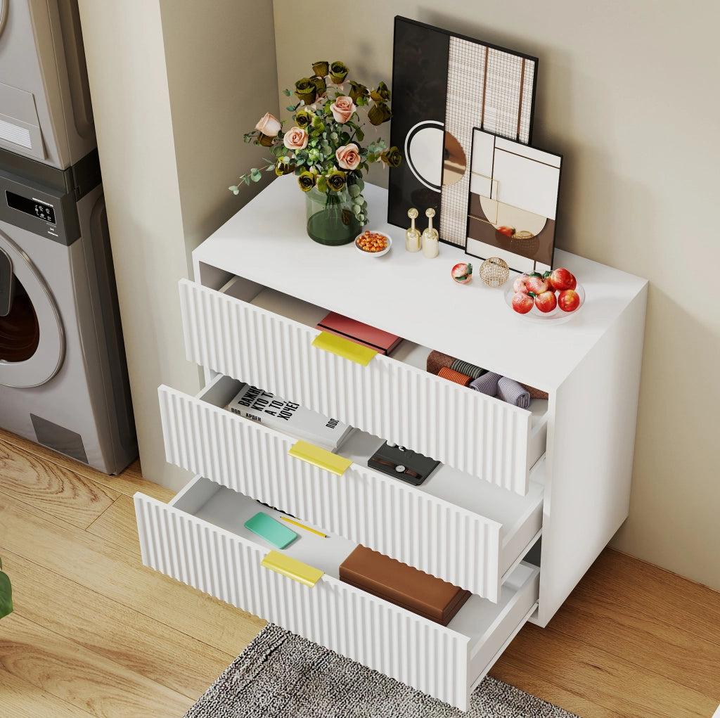 Cassettiera in MDF bianca con 3 cassetti e gambe in metallo dorato