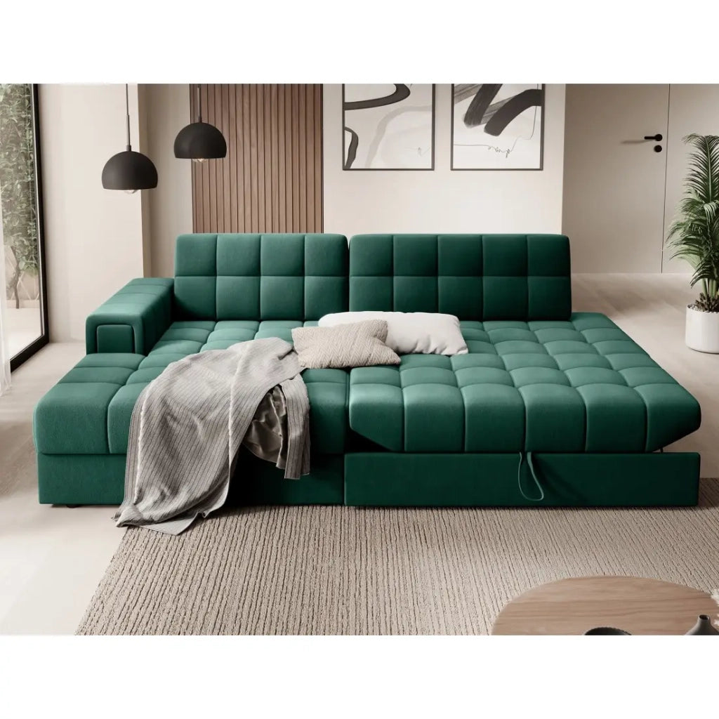 Divano angolare convertibile CUBITO verde 240 cm con contenitore e letto