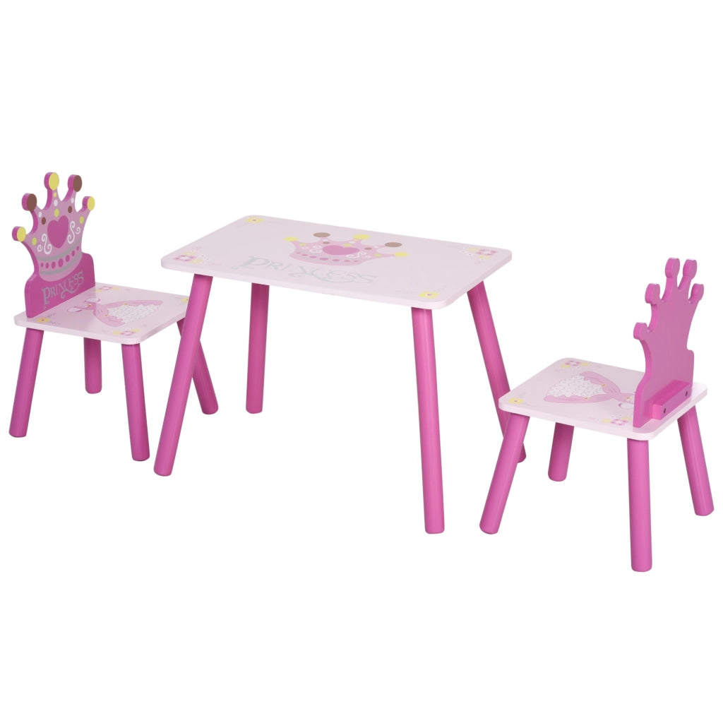 EasyComfort Set Tavolo e 2 Sedie a Tema Principesse per Cameretta Bambini in Legno Rosa con Schienale a Forma di Corona