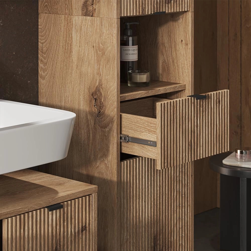 Mobiletto da bagno Eliza, Quercia vichinga, 40 x 190 cm con anta e cassetto, per la conservazione di accessori da bagno e combinabile con la serie Eliza