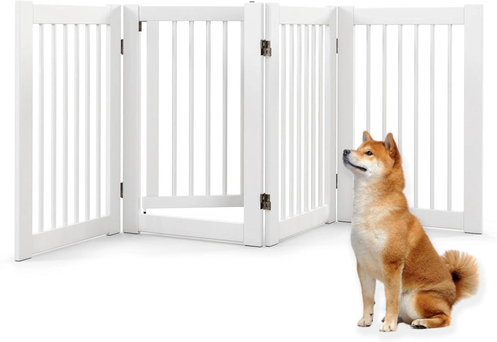 Cancelletto per Cani Pieghevoli 210 x 61 cm, Barriera per Cani in Legno a 3 Pannelli con Porta a Serratura, Recinzione per Scale, Ingressi e Corridoi (Bianco)