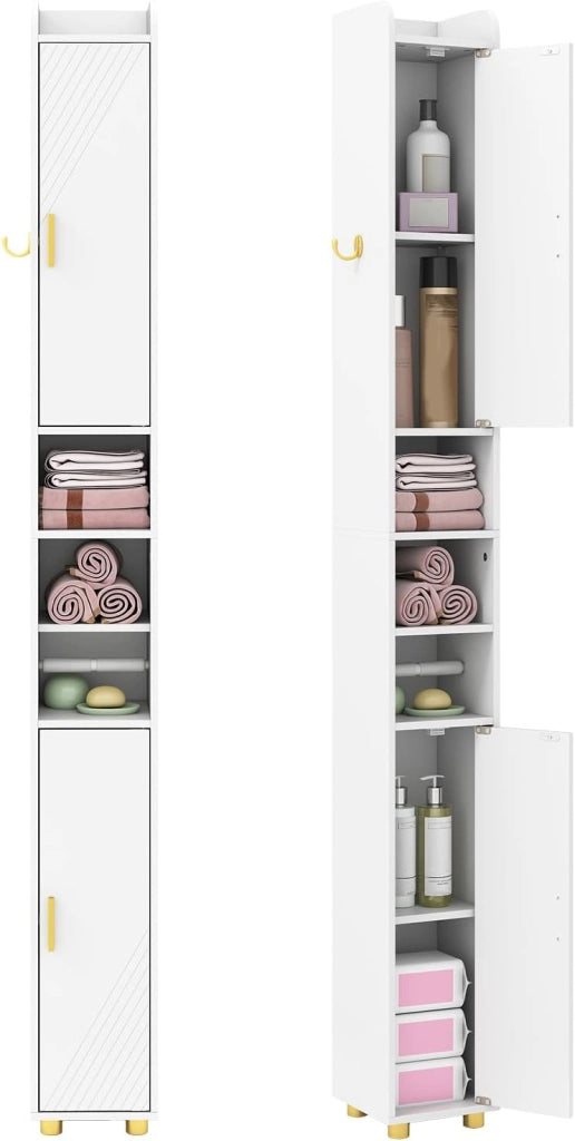 Mobiletto Bagno Salvaspazio 20 x 20 x 179 cm, Armadietto Stretto con 2 Ante, Ripiani Regolabili e Gancio Laterale, Armadio Salvaspazio per Cucina, Ufficio e Soggiorno (Bianco)