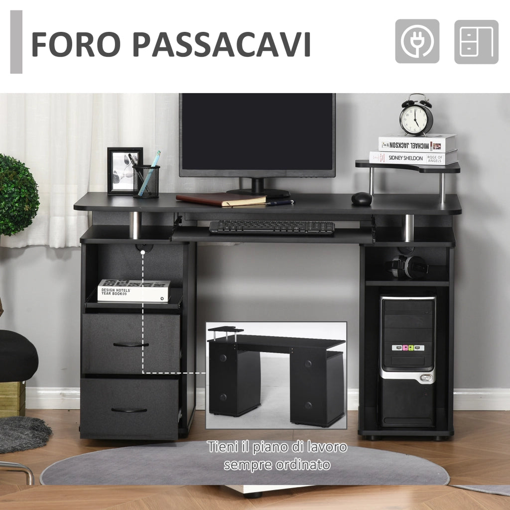 EasyComfort Scrivania per Computer Moderna Porta PC, Scrivania da Ufficio in Legno con Cassetti, Mensola Estraibile e Porta Tastiera, 120x55x85cm, Nero