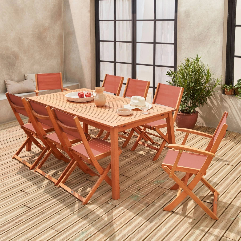 Set tavolo da giardino rettangolare allungabile in legno con 8 sedie,