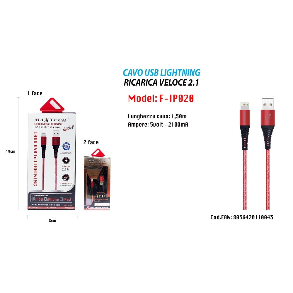 Trade Shop - Cavo Usb 1,5mt Caricabatteria Usb 2.1 Lightning Iphone Ipad Ipod Maxtech F-ip020 -