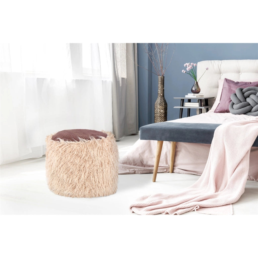 Pouf Bobtail 100 in ecopelliccia beige e velluto a coste