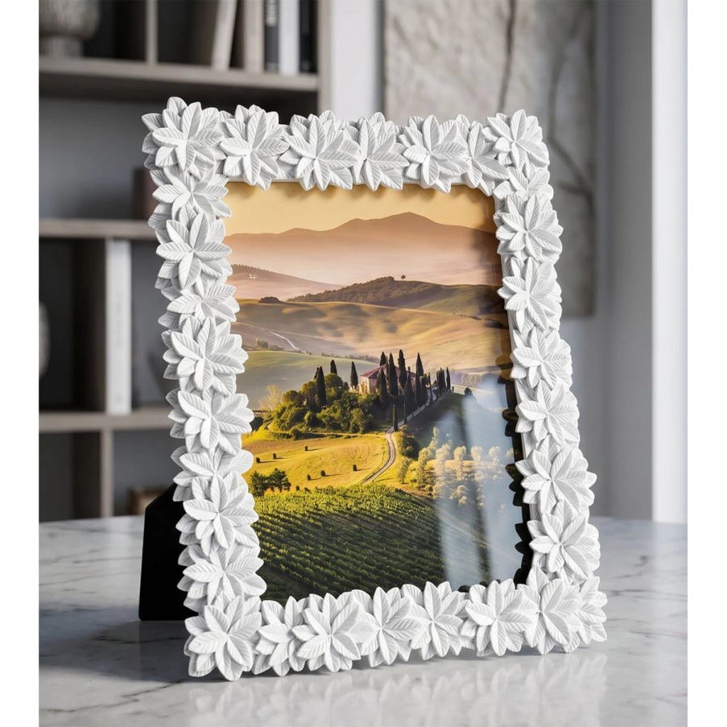 Cornice portafoto floreale con finitura bianca opaca