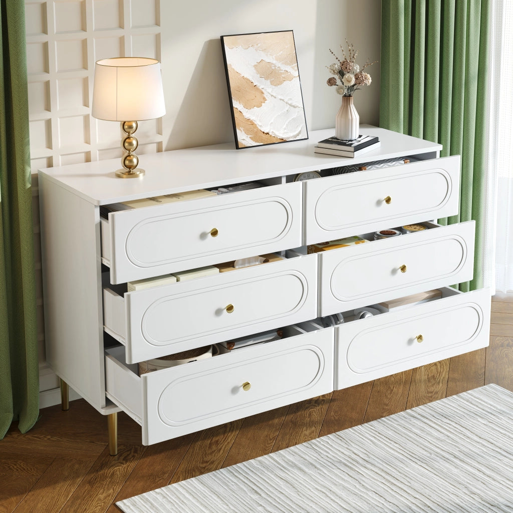 Credenza con 6 cassetti e dettagli ovali, piedi in metallo, per soggiorno e ingresso, bianco, 120 × 40 × 75 cm