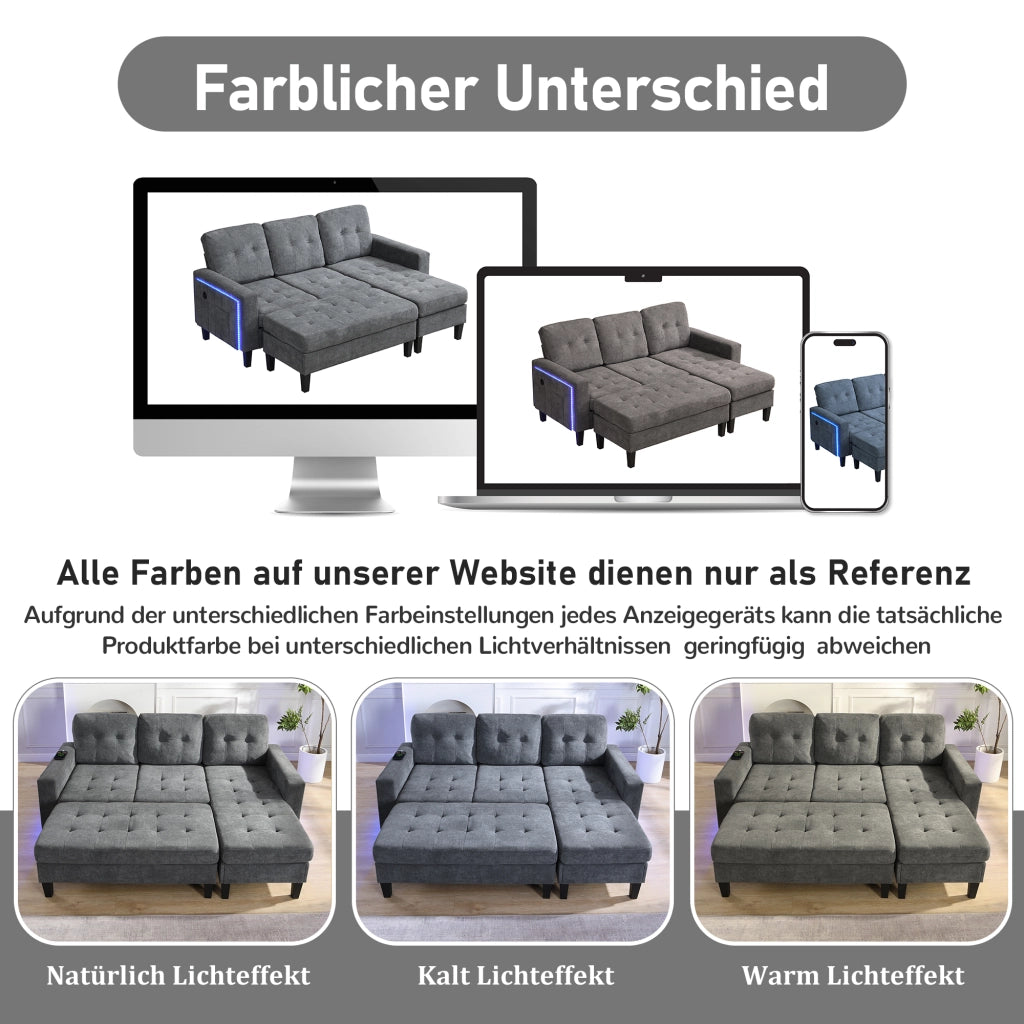 DIVANO LETTO ANGOLARE L-Form 156x115 cm Chenille Grigio con LED e USB
