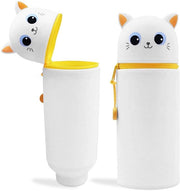Etui 2 in 1 in silicone morbido, contenitore per pennarelli e colori, astuccio in piedi, accessori scolastici per bambina o bambino (gatto bianco)