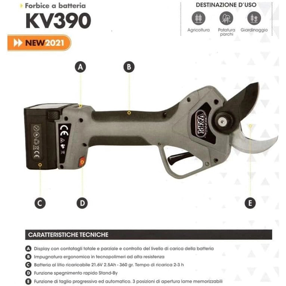 FORBICI ELETTRICHE A BATTERIA FORBICE DA POTATURA KV390 Ø40mm +2BATTERIE VOLPI