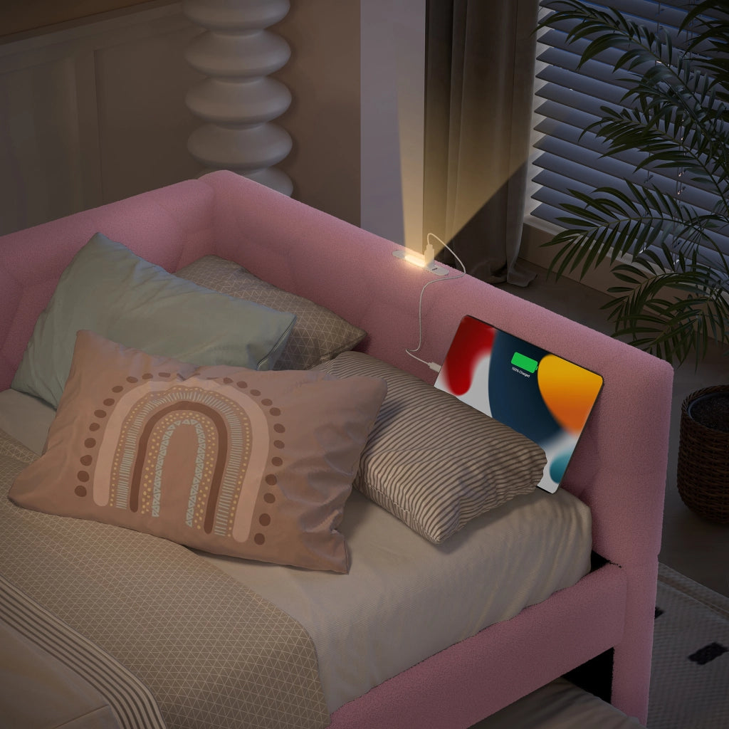 DESMIU Letto bambino 90 × 200 cm con letto estraibile, lampada da lettura, USB e Type-C, senza materasso, rosa