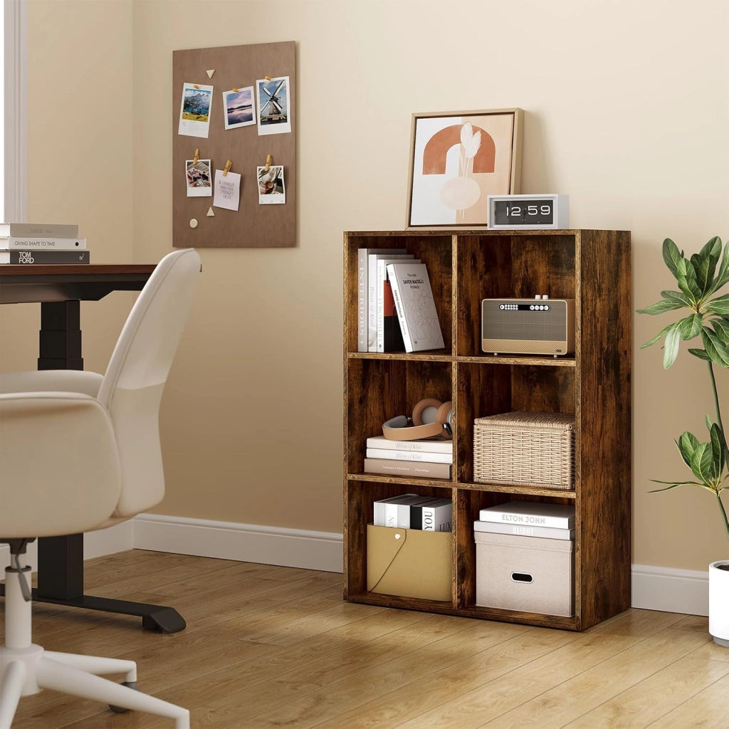 Libreria con 6 Cubi, Scaffale per Libri, Libreria Verticale per Camera da Letto, Soggiorno, Studio, Ufficio, Legno Ingegnerizzato, Marrone rustico, 59.6x29x89cm