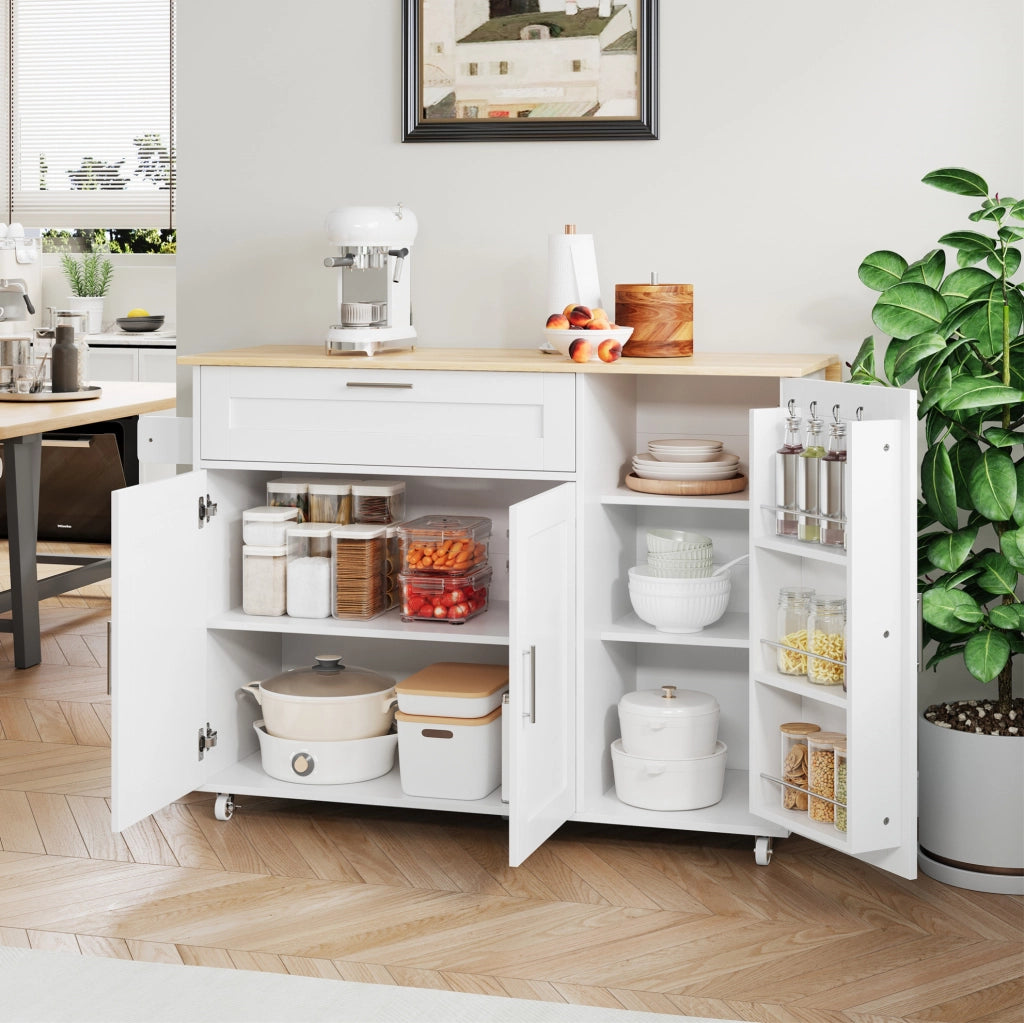 Carrello da cucina 132.5x44(70)x90 cm con piano pieghevole; 5 ruote; MDF bianco naturale