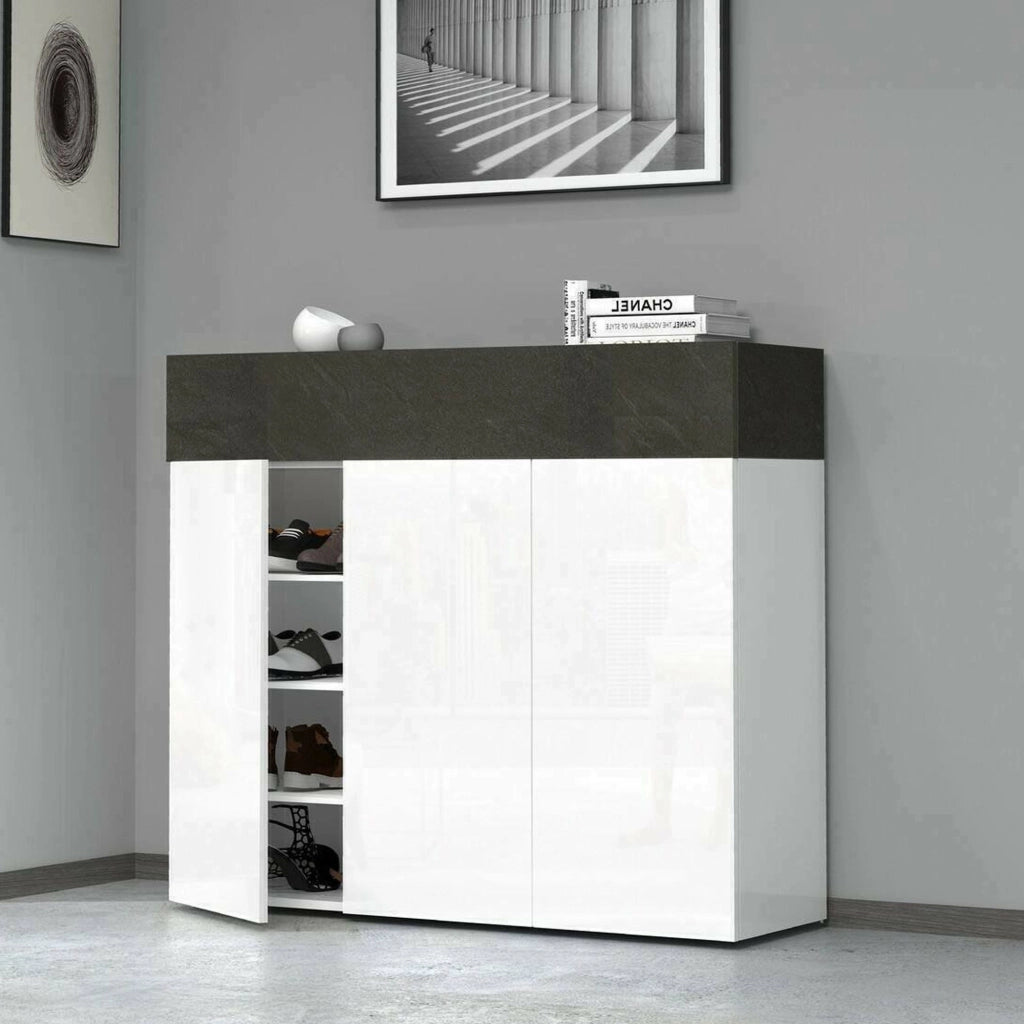 Scarpiera Griselda, Porta scarpe salvaspazio a 4 ante, Armadio multifunzione da ingresso, 114x38h100 cm, Bianco e Ardesia