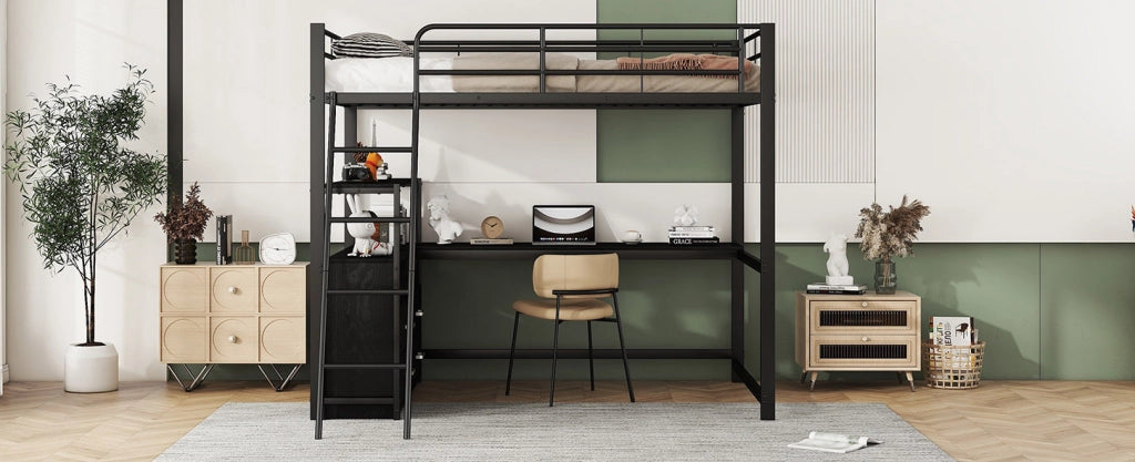 Letto a soppalco 140x200 cm con scrivania a L e cassetti in MDF e metallo nero