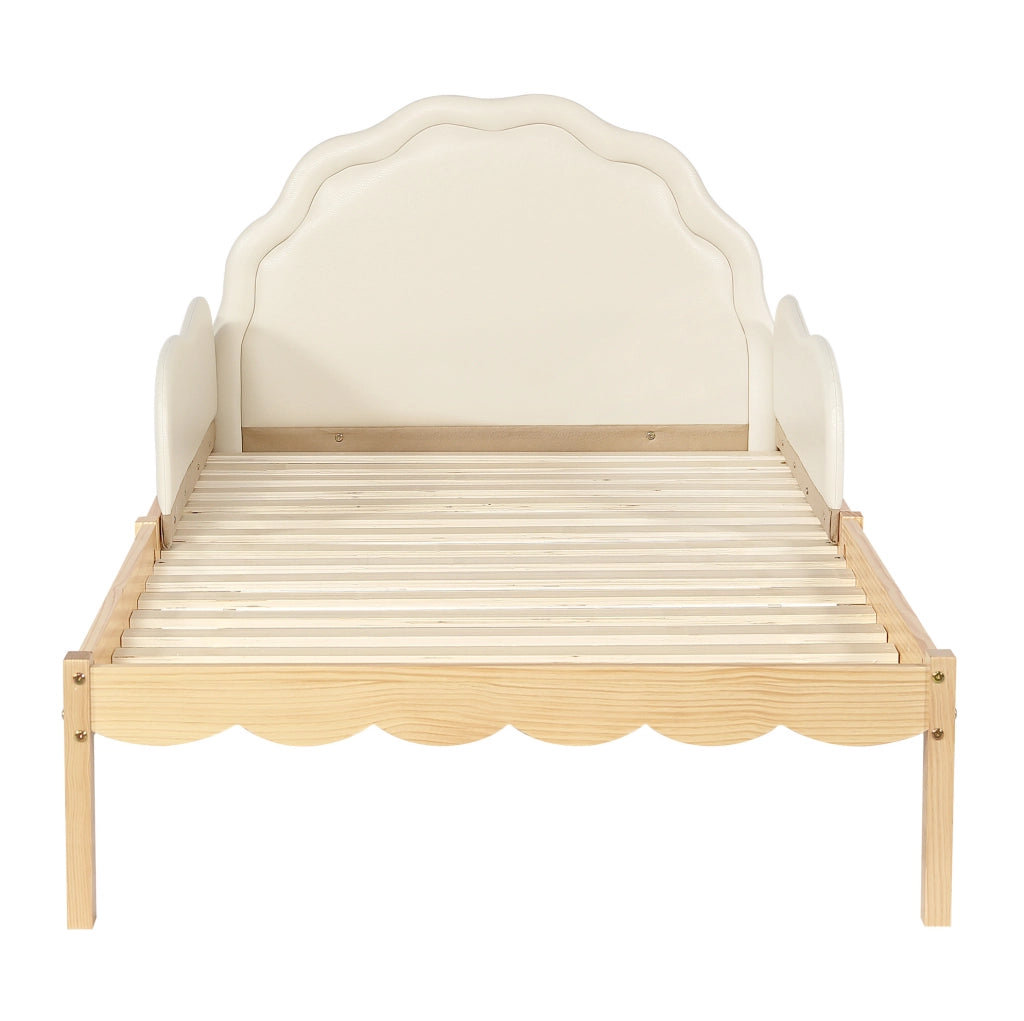 Letto imbottito 90x200 cm con testiera in PU e spondine laterali; legno beige naturale