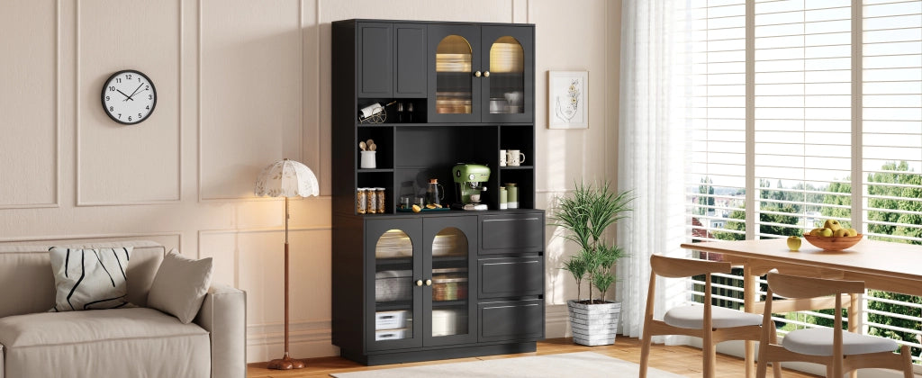 Credenza alta con ante ad arco in acrilico, LED APP e 3 cassetti, per cucina e soggiorno, nero 106 × 30 × 175 cm