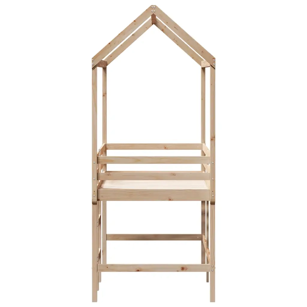 Letto Soppalco con Scala e Tetto 90x190 cm Legno Massello Pino