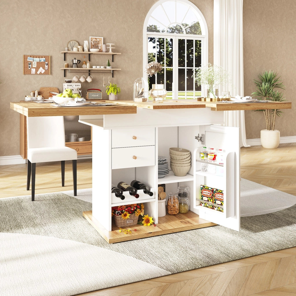 Tavolo allungabile 110-140x80x75 cm con anta; cassetto e ripiani; bianco e naturale