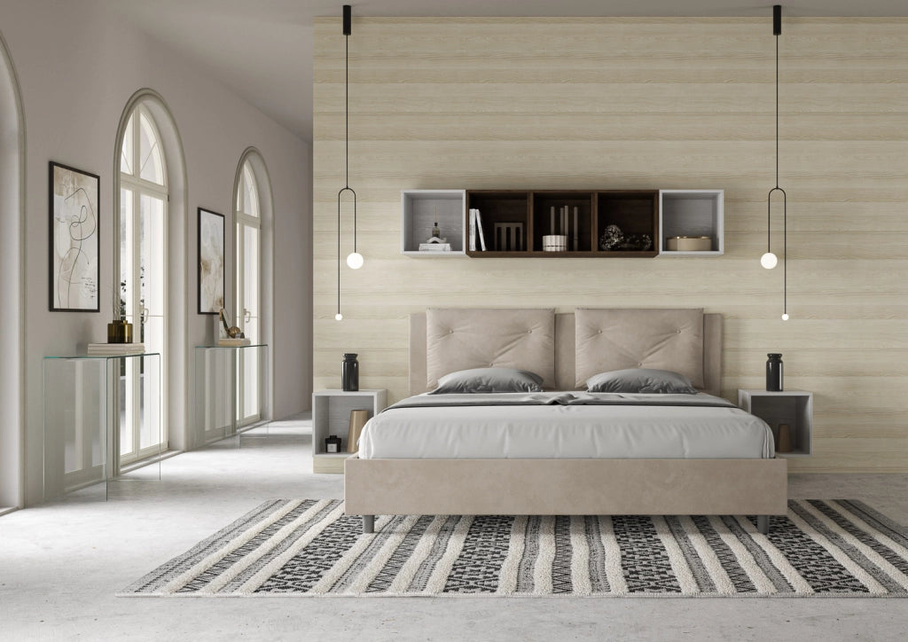 BS COM Letto senza rete imbottito 180x210 microfibra sabbia