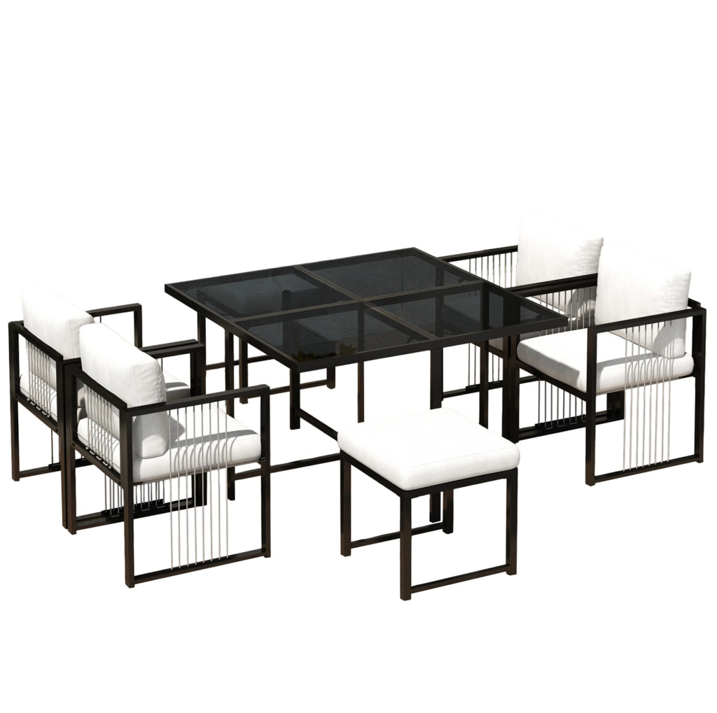 Set da pranzo da esterno 7 pezzi per 6 persone con tavolo 117x117 cm in vetro temperato; nero e bianco