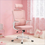 Sedia da ufficio ergonomica girevole rosa con schienale in rete, braccioli pieghevoli e ruote PU