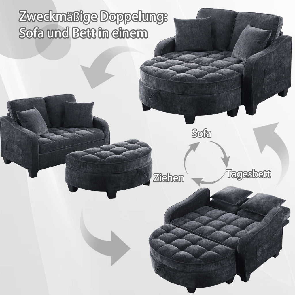 Divano letto convertibile con pouf contenitore e chaise longue; in tessuto; legno di eucalipto; nero; 132 Ã— 129 Ã— 93 cm