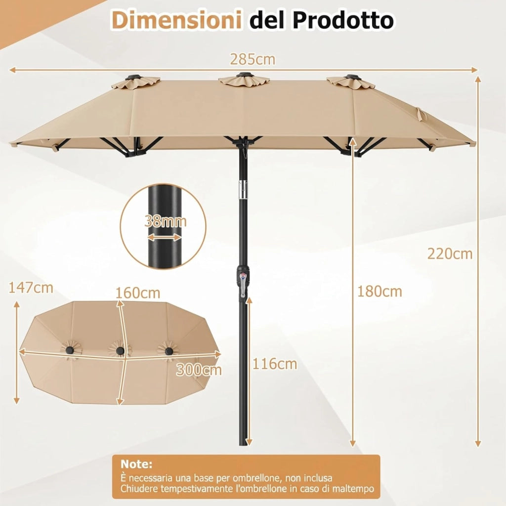 Ombrellone da Giardino Doppio 285 cm, in Tessuto con 12 Stecche Resistenti e Maniglia a Manovella Scorrevole, Anti-UV, senza Base, per Giardino e Piscina, 285 x 147 x 220 cm