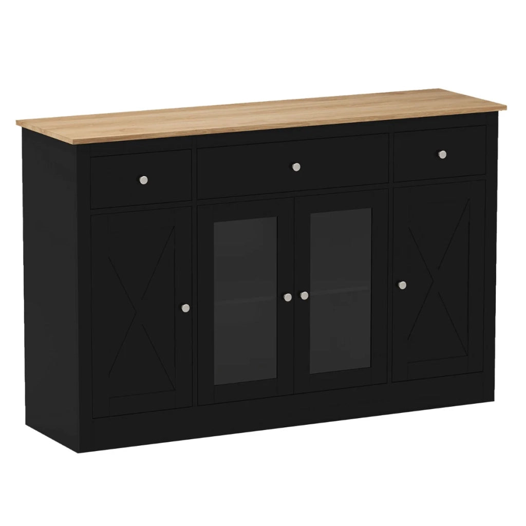 Credenza da 140 cm con 3 cassetti e 3 ante in vetro per uno spazio moderno di stoccaggio e preparazione in MDF nero e naturale 20_0018363