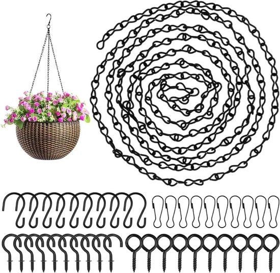 Sostegno per piante - Catena per vaso di fiori - 5 metri di catena metallica - 10 ganci - 10 clip - 10 occhielli - 10 viti - 10 viti a gancio - per vasi di fiori e piante