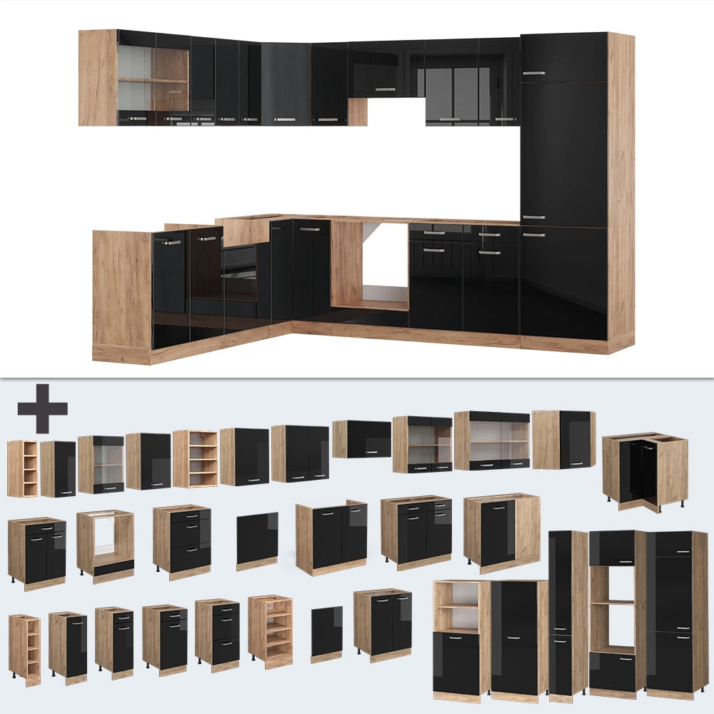 Vicco Cucina angolare completa Rovere nero/oro lucido 227 x 287 cm , PL Marmo