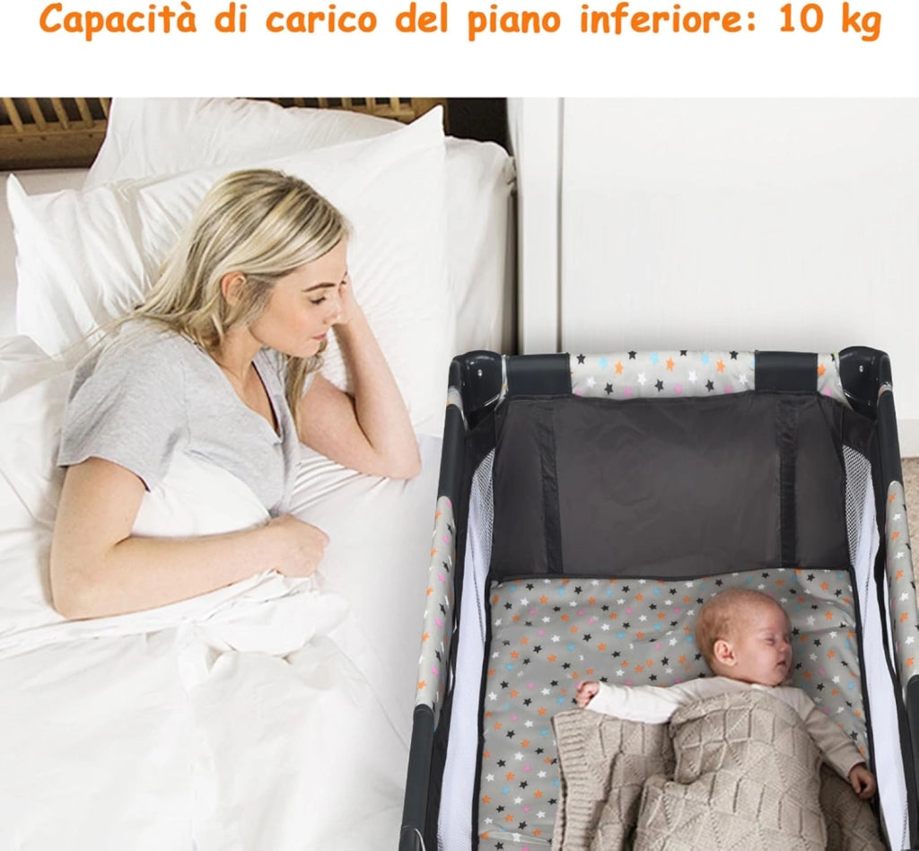 Lettino da Campeggio con Materasso, Lettino da Campeggio per Neonati, Culla da Viaggio Portatile con 2 Ruote, Borsa, per Bambini 0-36 Mesi, 125 x 65 x 76 cm (Grigio)
