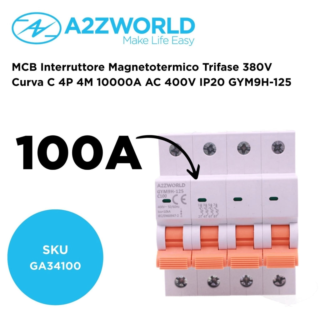 MCB Interruttore Magnetotermico Trifase 380V Curva C 4P 4M 10000A AC 400V IP20 GYM9H-125, Disponibili 80A 100A 125A (C100A)