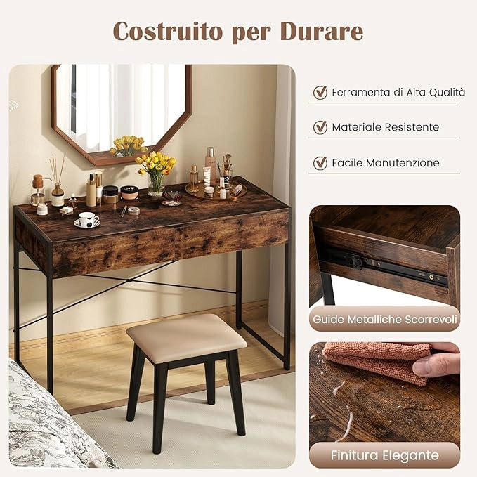 Scrivania con 2 Cassetti, Scrivania per Computer con Robusto Telaio in Metallo e Kit di Anti-ribaltamento, Postazione di Lavoro Multiuso per Camera da Letto, Ufficio e Casa